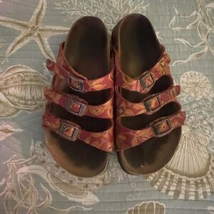 Birkenstock Brown and Red Sandals with Cork Footbed and Adjustable Straps